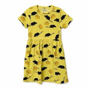 Mini Rodini Mouse & Cheese Print Dress 5–7Y Yellow Short Sleeve Skater